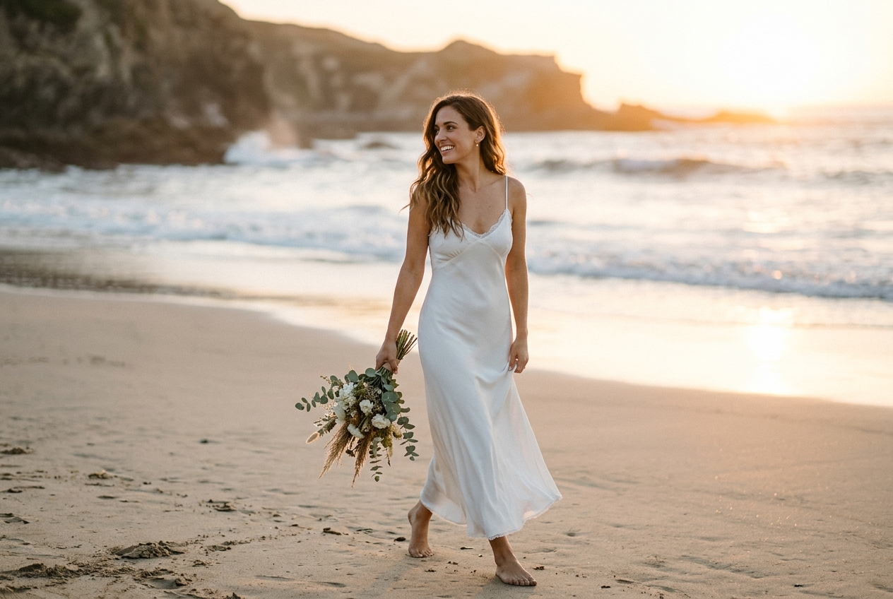 Bride with hair worn down in soft beach waves, simple and natural, golden hour light