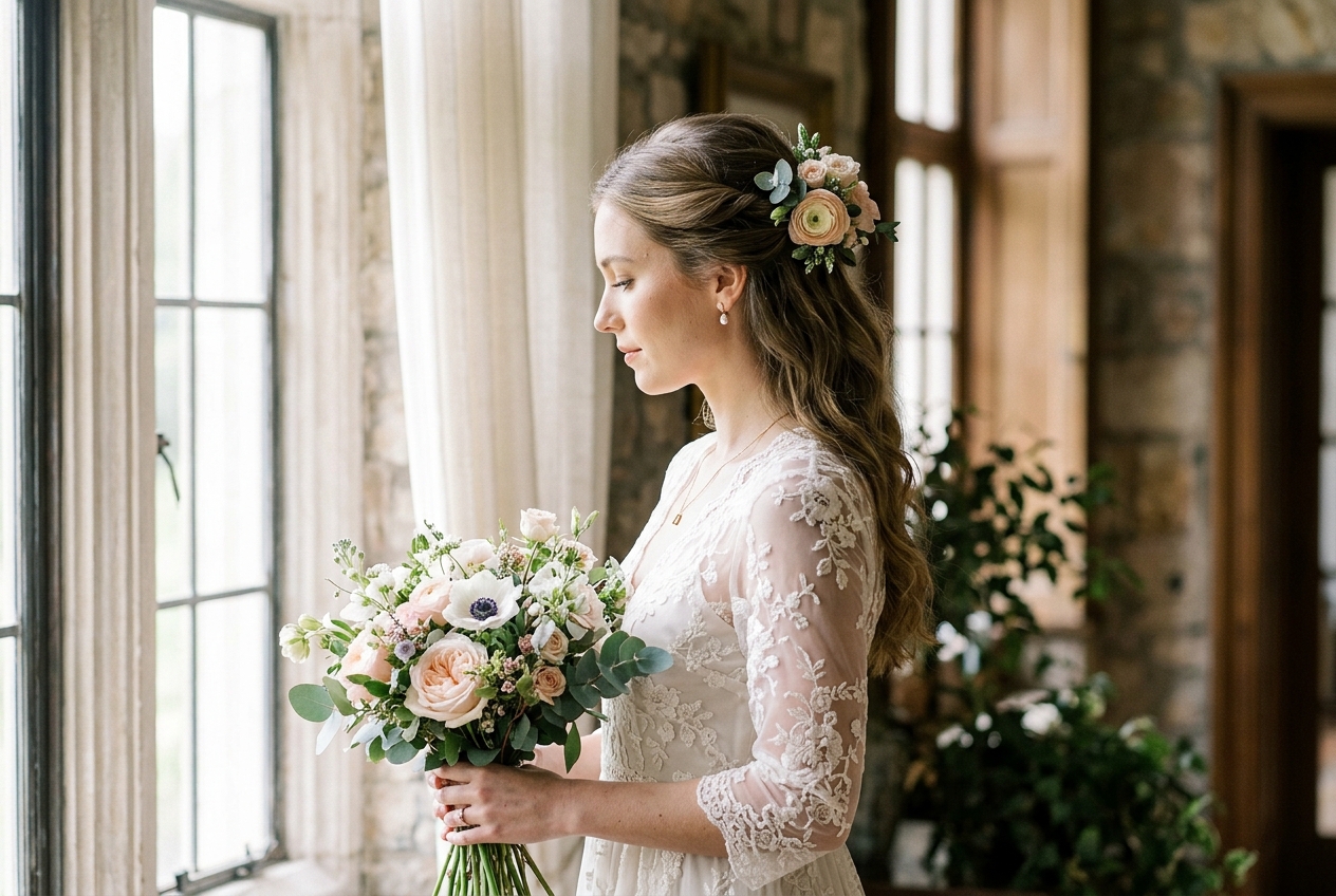 Bride with half-up half-down hair, top section gathered into a soft twist with a fresh flower