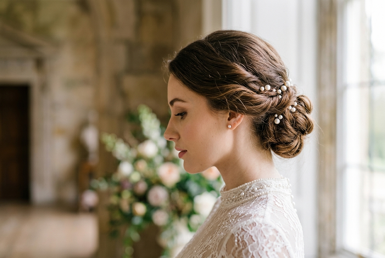 Bride with sophisticated low chignon updo decorated with delicate pearls, side profile