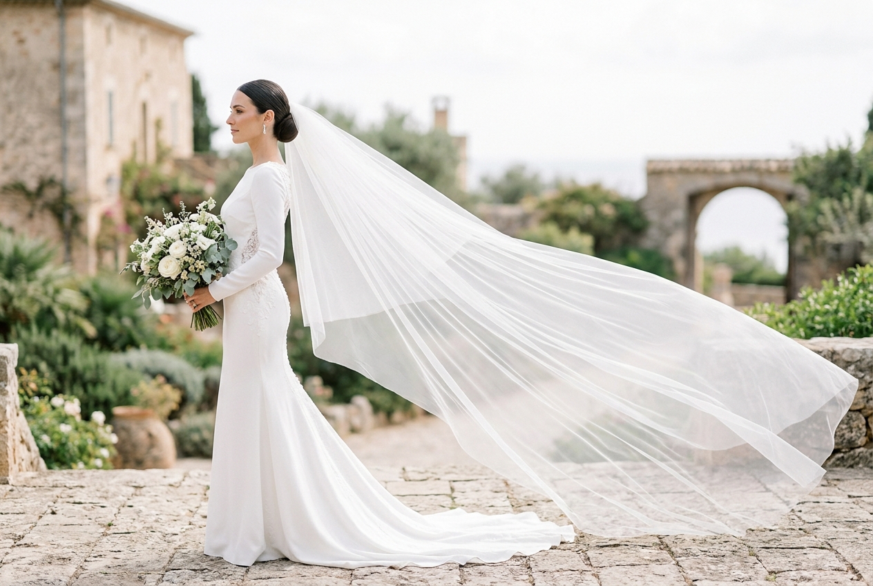 Bride with hair styled to work with a long cathedral veil, the veil flowing back from a sleek hairstyle