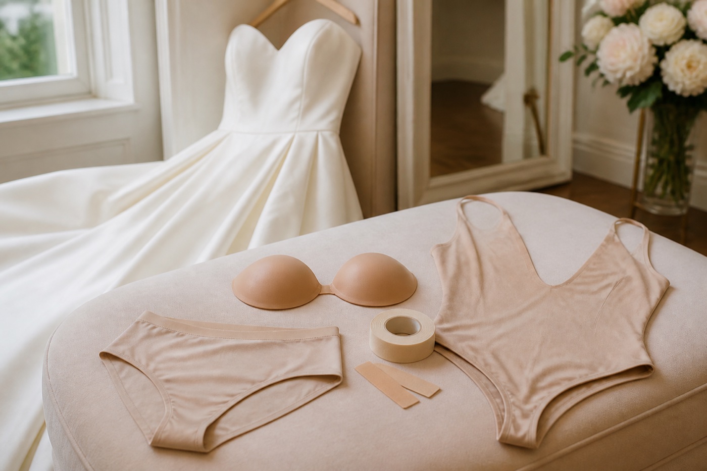 Bridal lingerie accessories flatlay