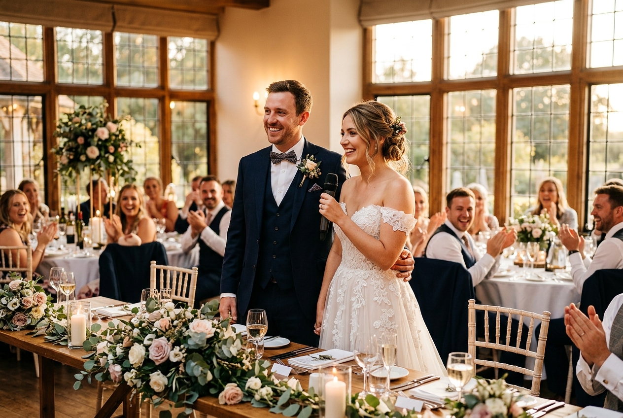 Bride and groom standing together, bride holding microphone, groom's arm around her, facing guests