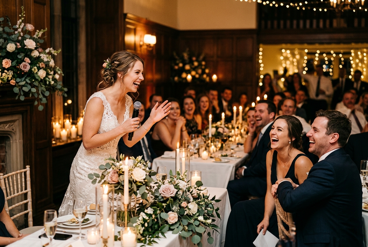 Bride mid-speech with guests laughing at a joke, candlelit reception room with flowers