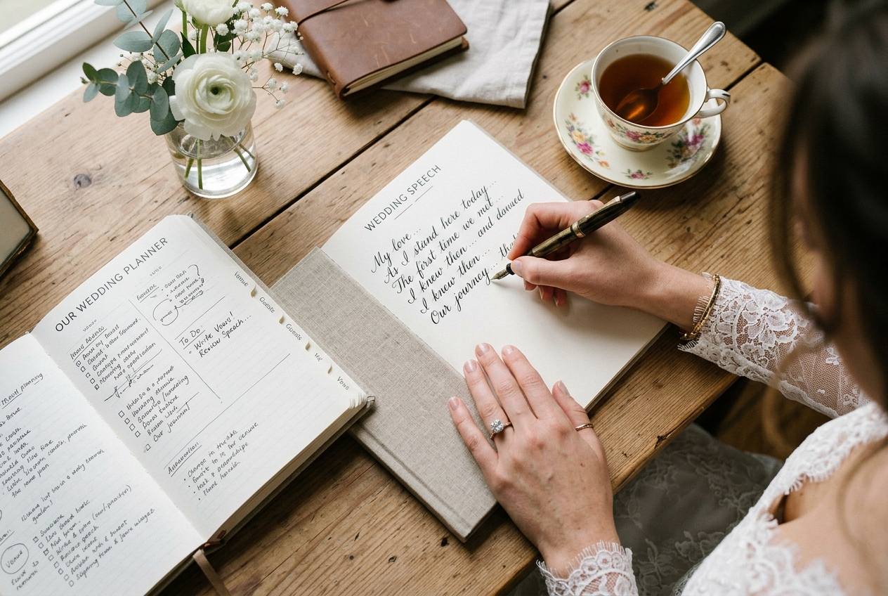 Bride writing her wedding speech, open notebook, tea, engagement ring visible