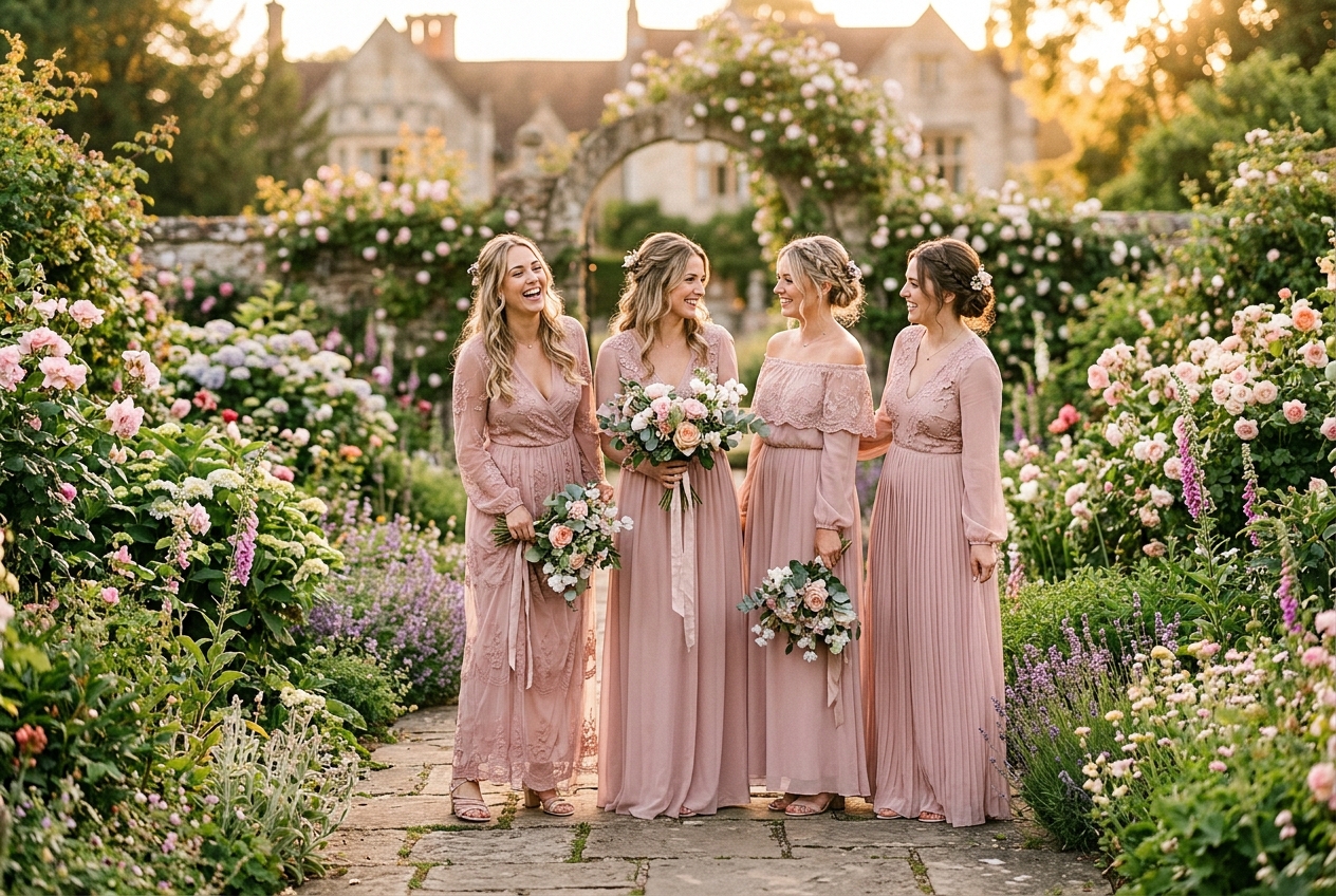 Bridesmaids in dusty blush pink dresses, romantic and timeless, garden setting, golden hour