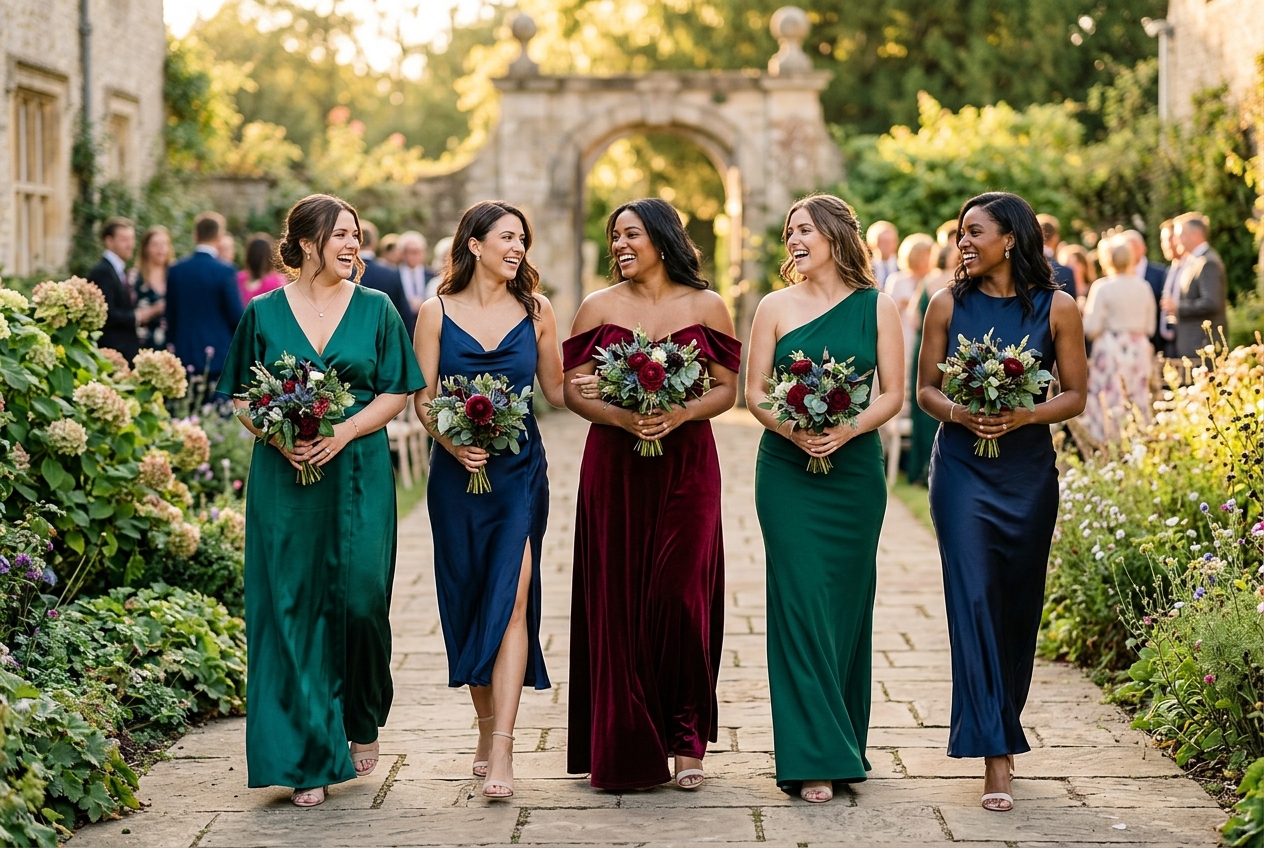 Bridesmaids in rich jewel tone dresses — emerald and navy and burgundy mix and match