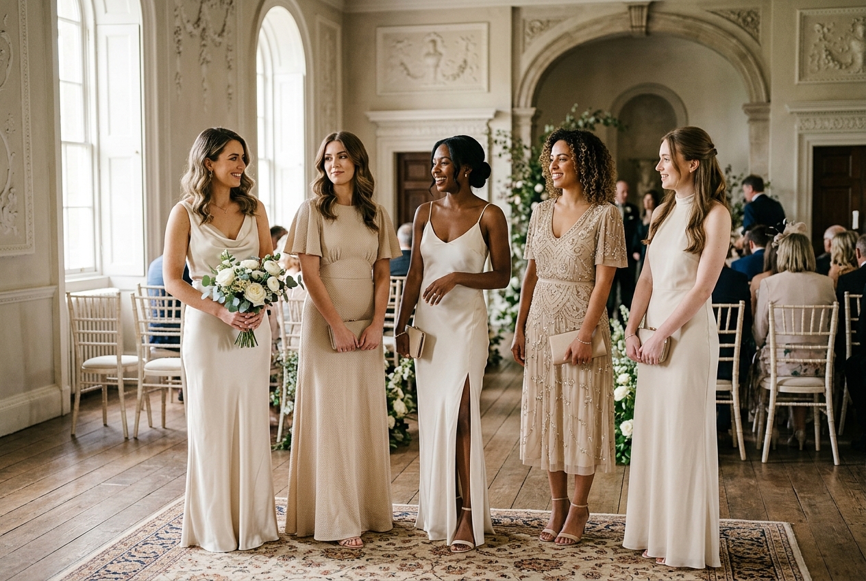 Bridesmaids in neutral champagne and cream coloured dresses, elegant and classic, soft natural light