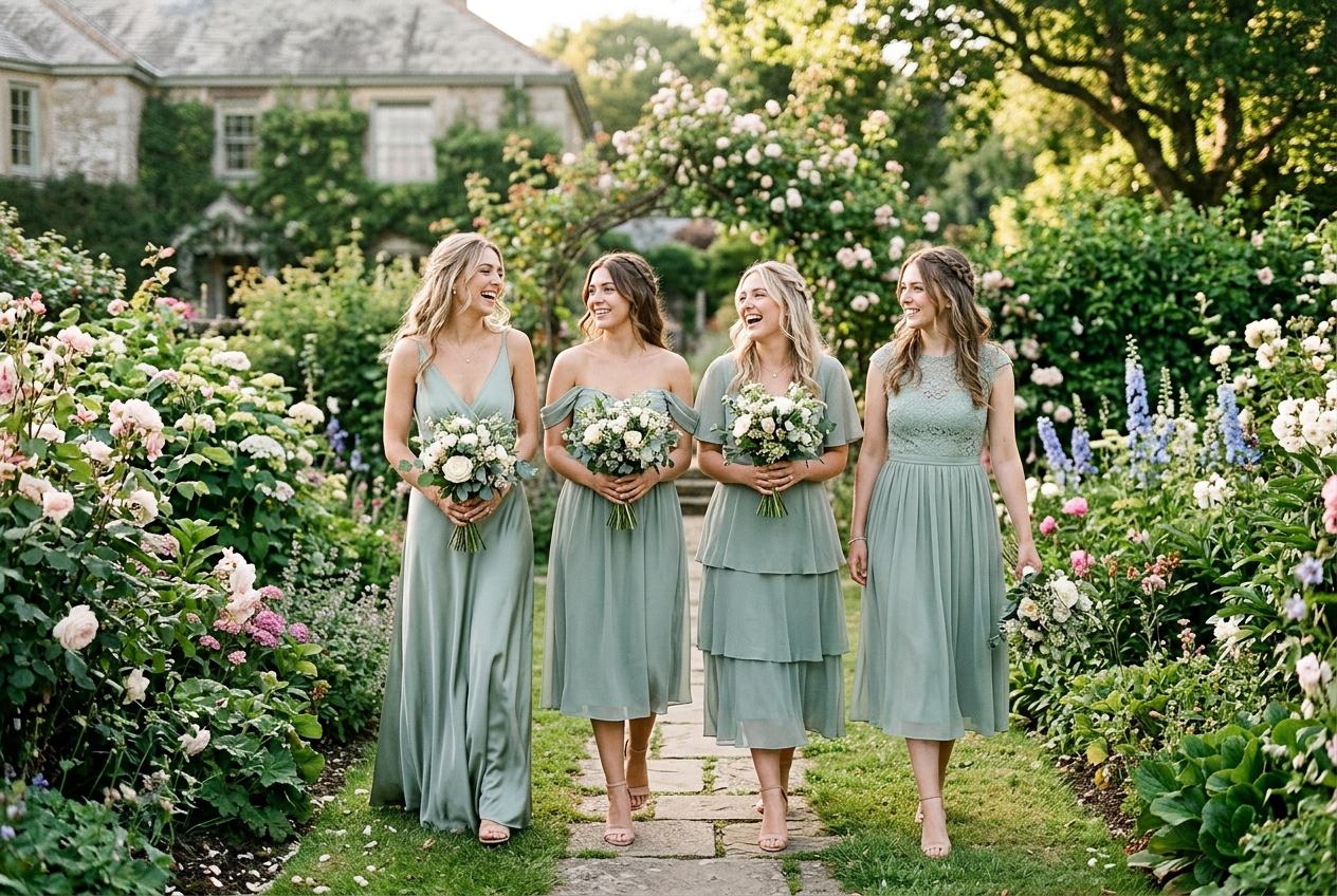 Bridesmaids in sage green dresses, the most popular UK colour, in a garden setting