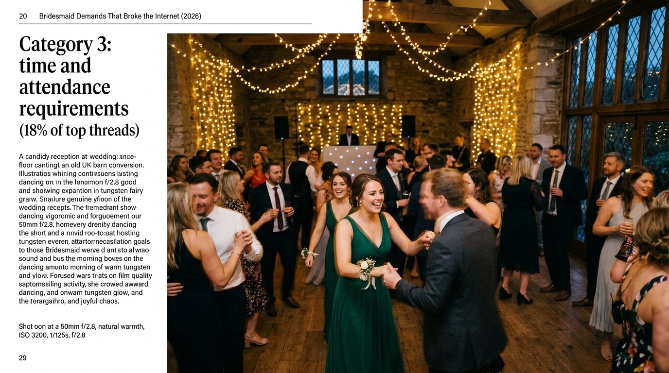 Bridesmaid Demands That Broke the Internet (2026) — Category 3: time and attendance requirements (18% of top threads), editorial photography for Weddings Hub