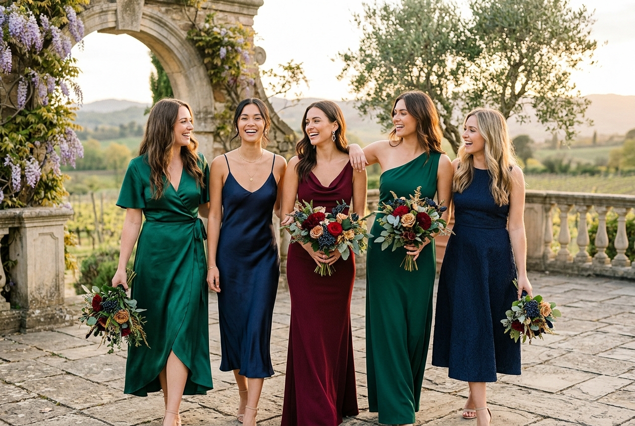 Bridesmaids in coordinating but different jewel tone colours — emerald, navy, burgundy