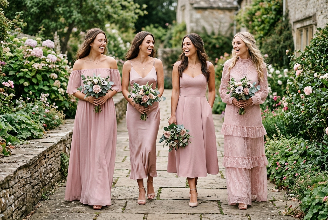 Four bridesmaids in different style dresses but matching dusty pink colour palette