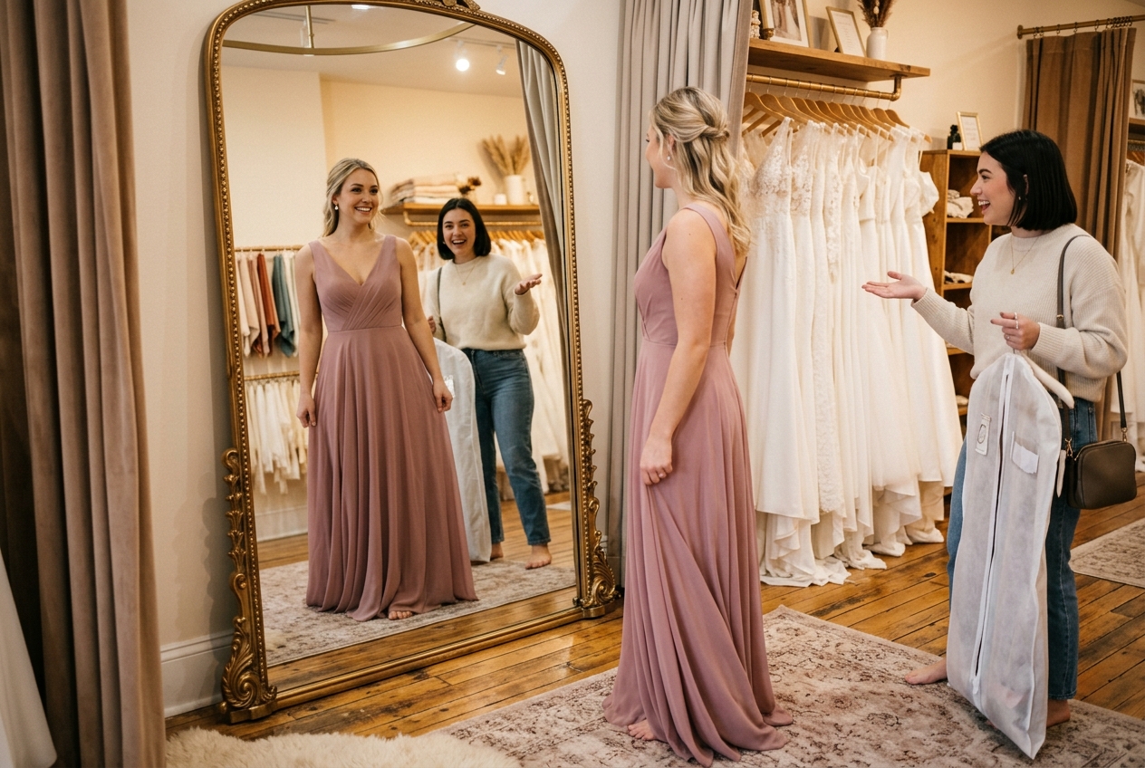 Bridesmaid trying on a dress in a bridal boutique, looking in a mirror, friend giving feedback