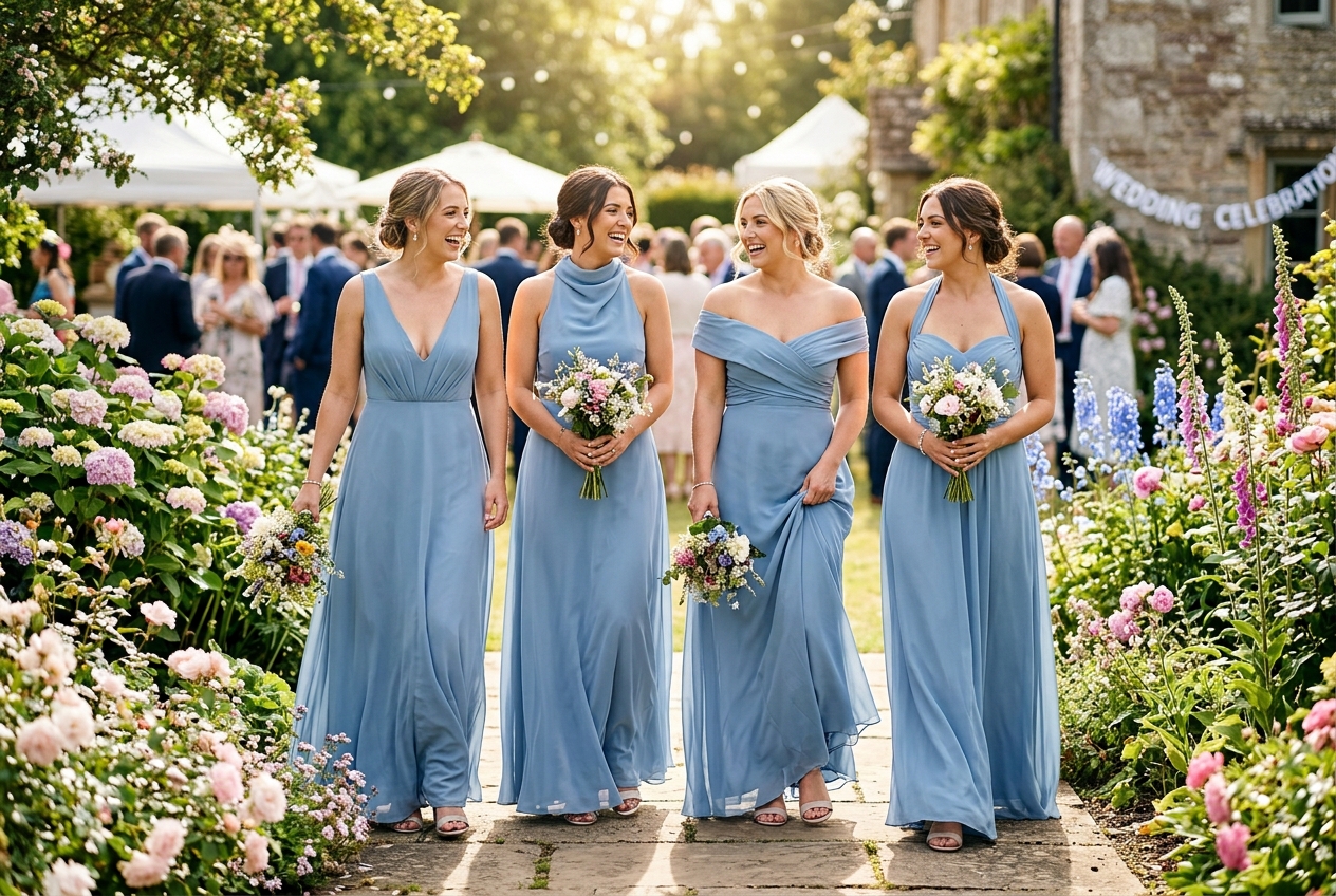 Bridesmaids in flowing chiffon long dresses with different necklines but same colour, summer setting