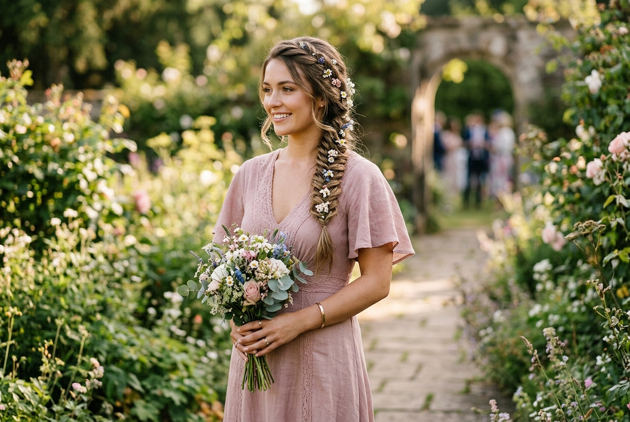 Bridesmaid with side fishtail braid decorated with small flowers, elegant and bohemian