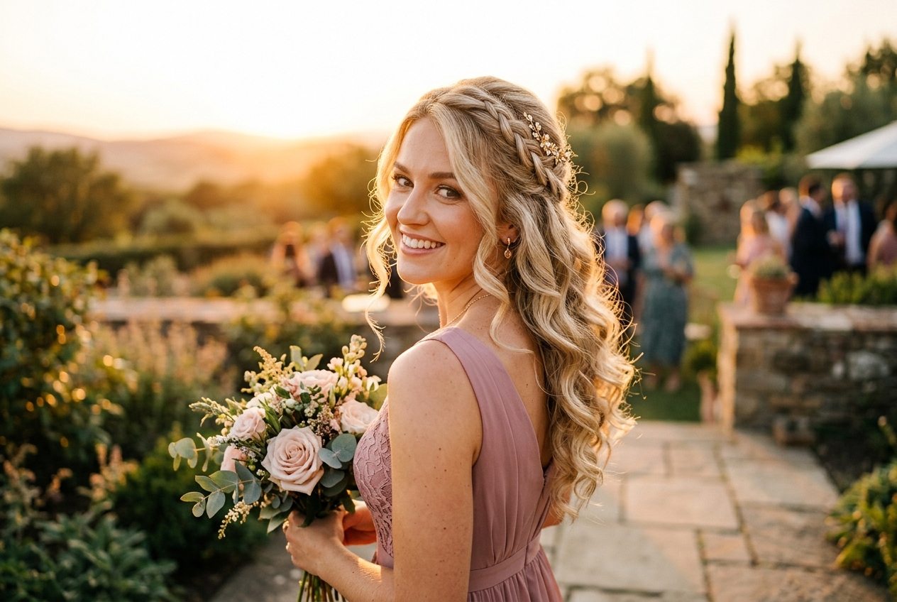 Bridesmaid with curled hair styled half up with a small braid detail, golden hour light