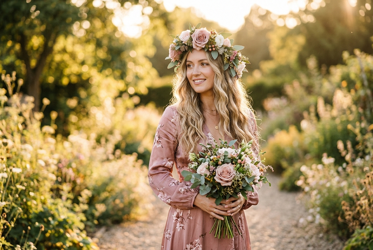Bridesmaid with hair down in waves with a fresh flower crown, romantic and natural