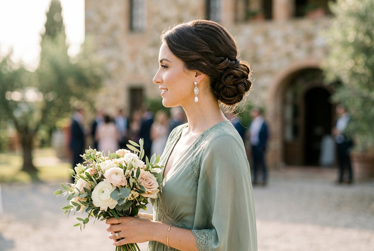 Bridesmaid with elegant low bun updo, side profile showing earrings, soft light