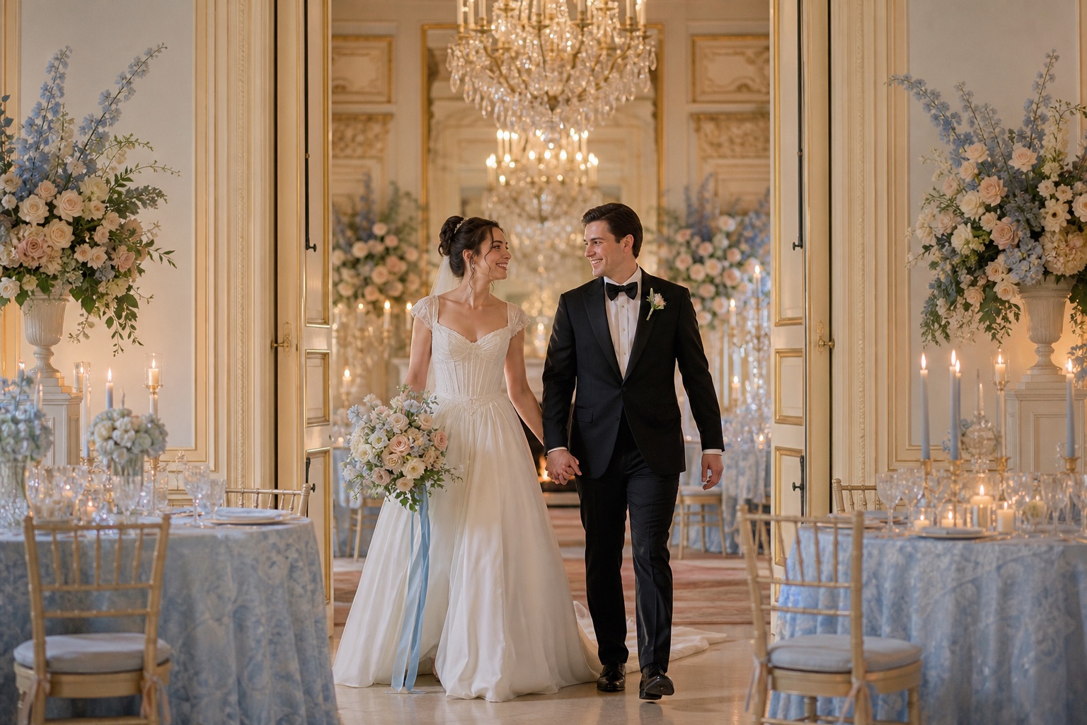 Fictional newlyweds entering a pale-blue candlelit stately-home ballroom