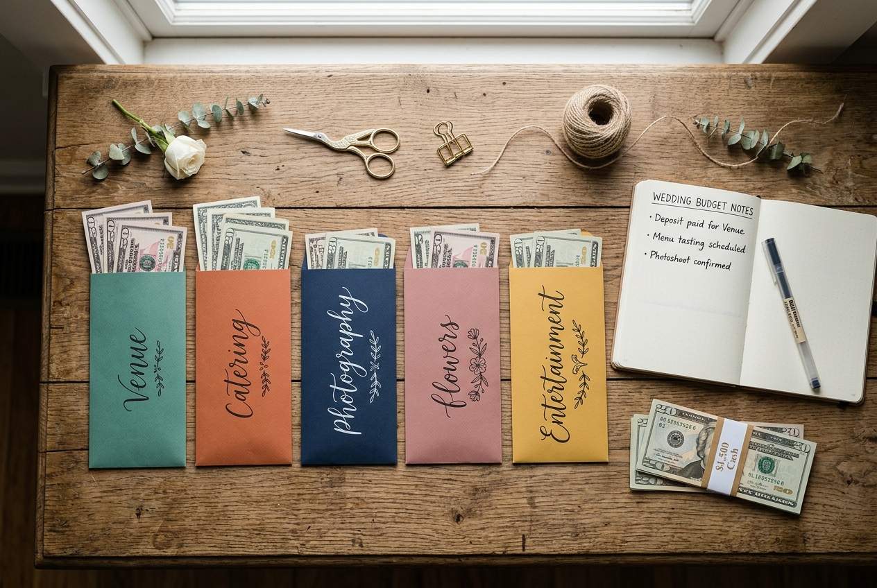 Colour-coded budget envelopes labelled Venue, Catering, Photography, Flowers on a wooden surface
