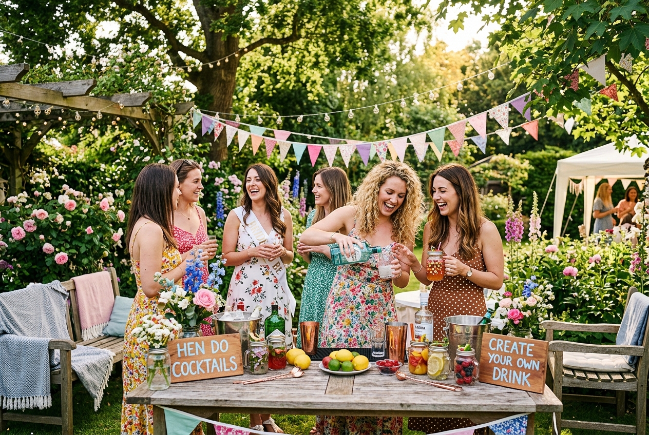 Garden party hen do, bunting, DIY cocktail bar, women in sundresses, fairy lights, summer evening