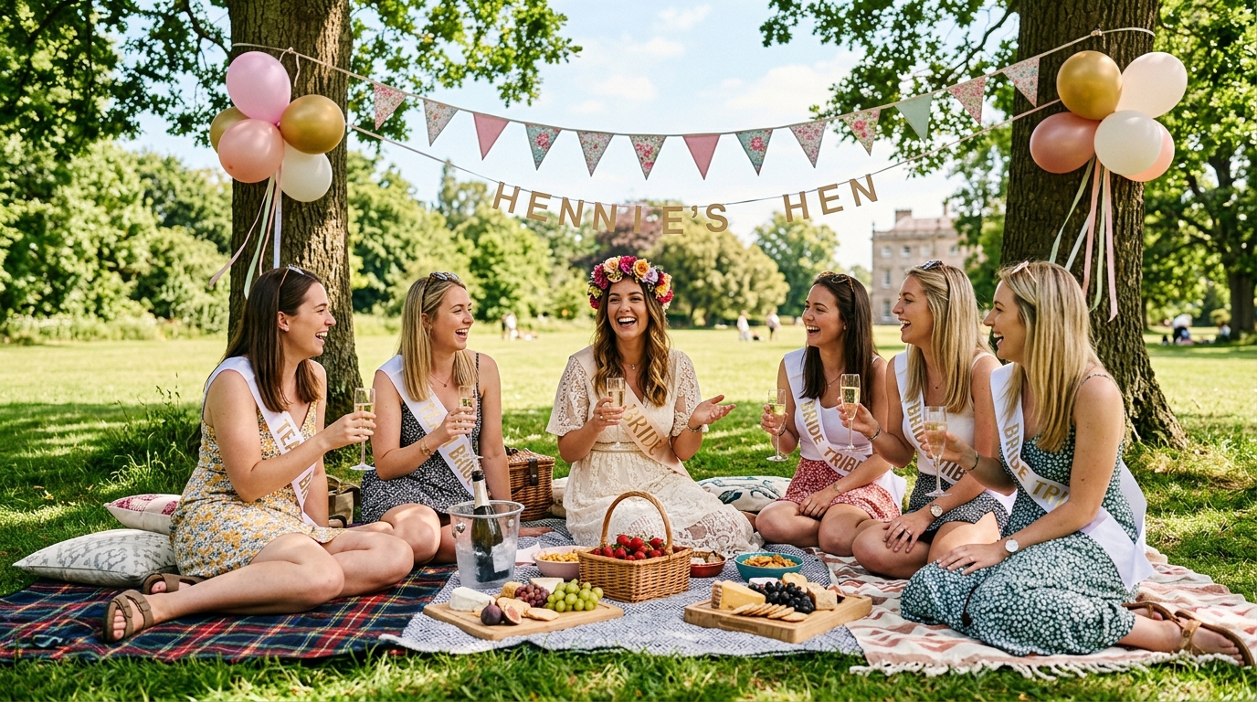 Hen party picnic in a UK park, blankets with prosecco, cheese boards, bunting and balloons, sunny day