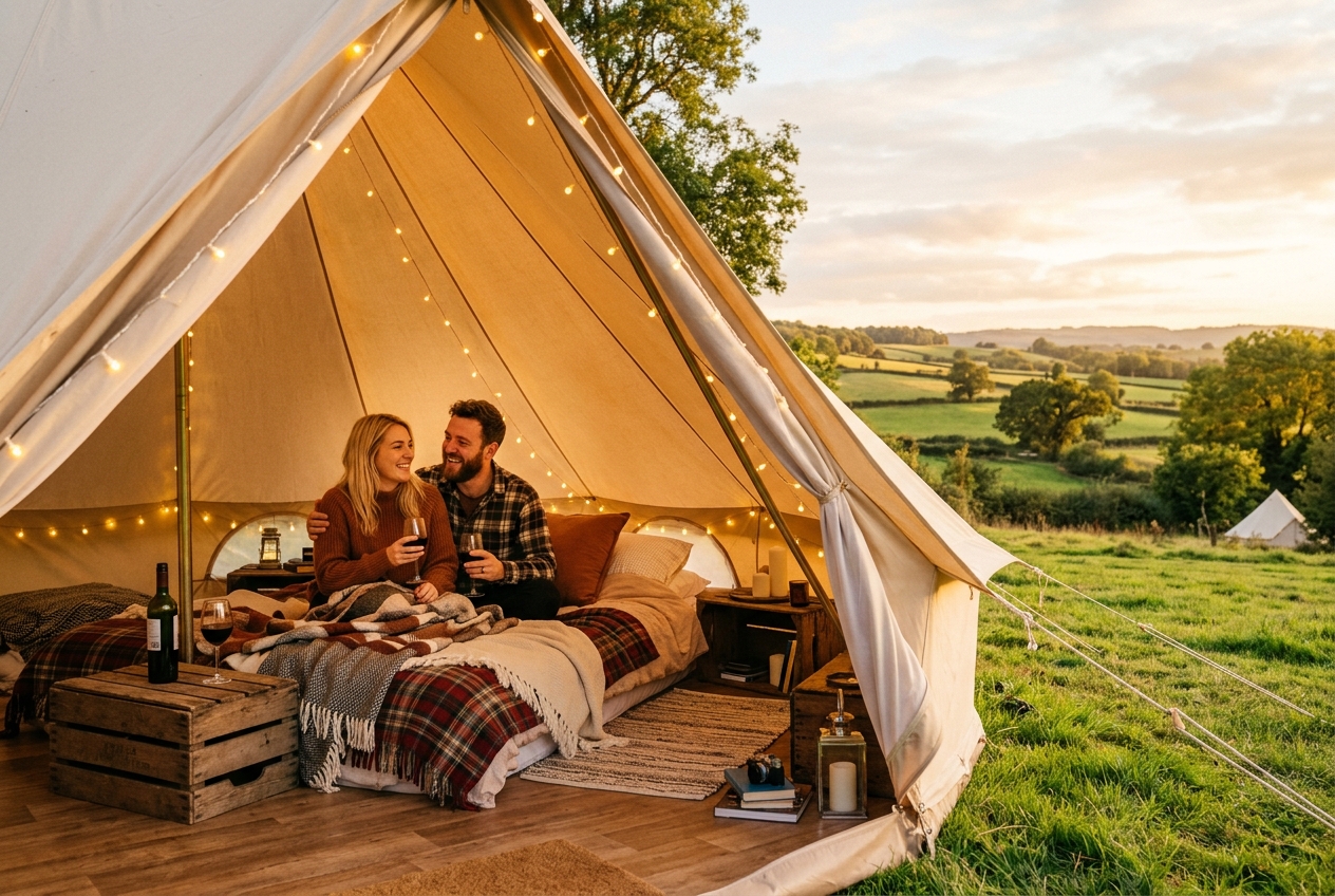 Couple glamping in a bell tent, fairy lights, blankets, wine, green field through tent flap