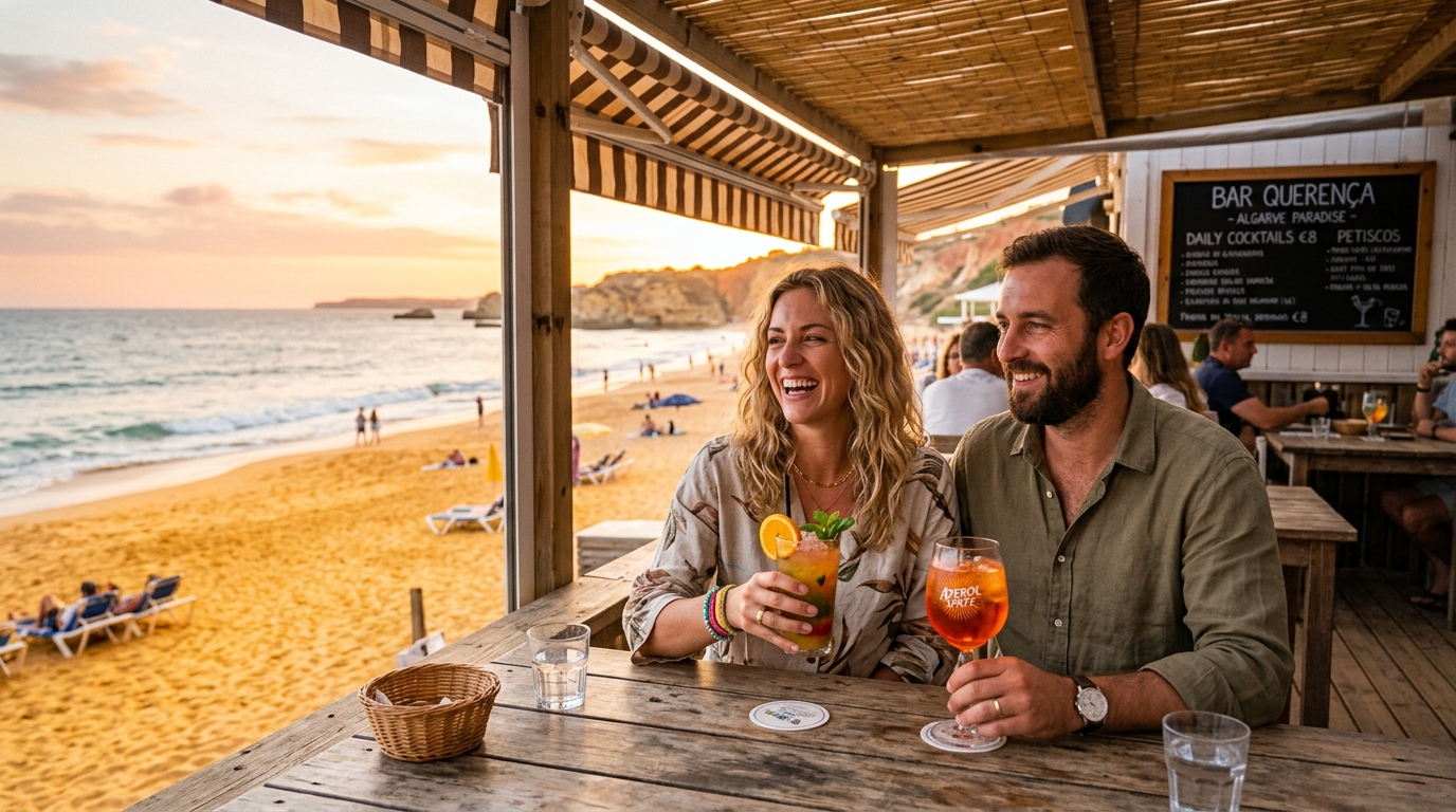 Couple at a beach bar in the Algarve Portugal, cocktails, golden sand, warm sunset light