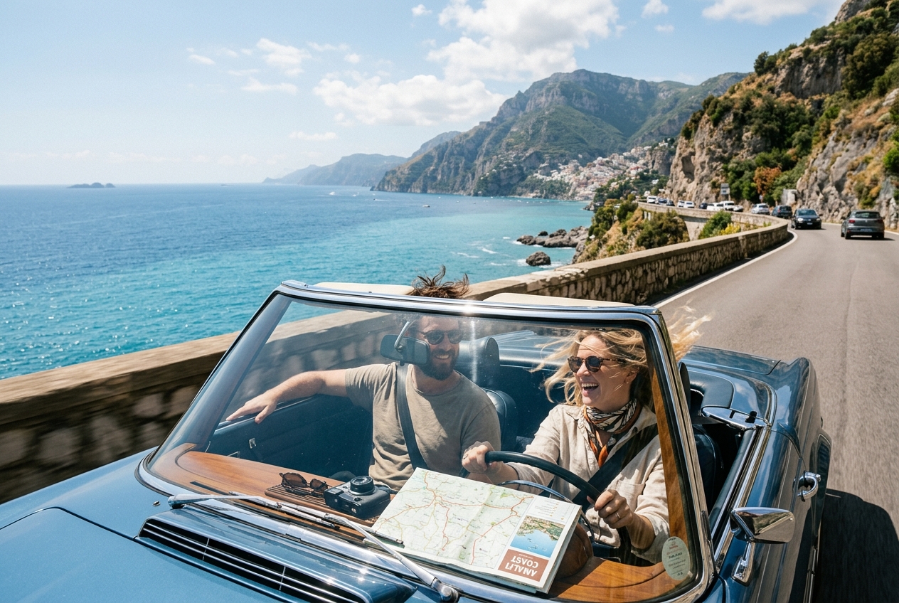 Couple on a road trip, convertible car on scenic coastal road, map on dashboard, blue sea and cliffs