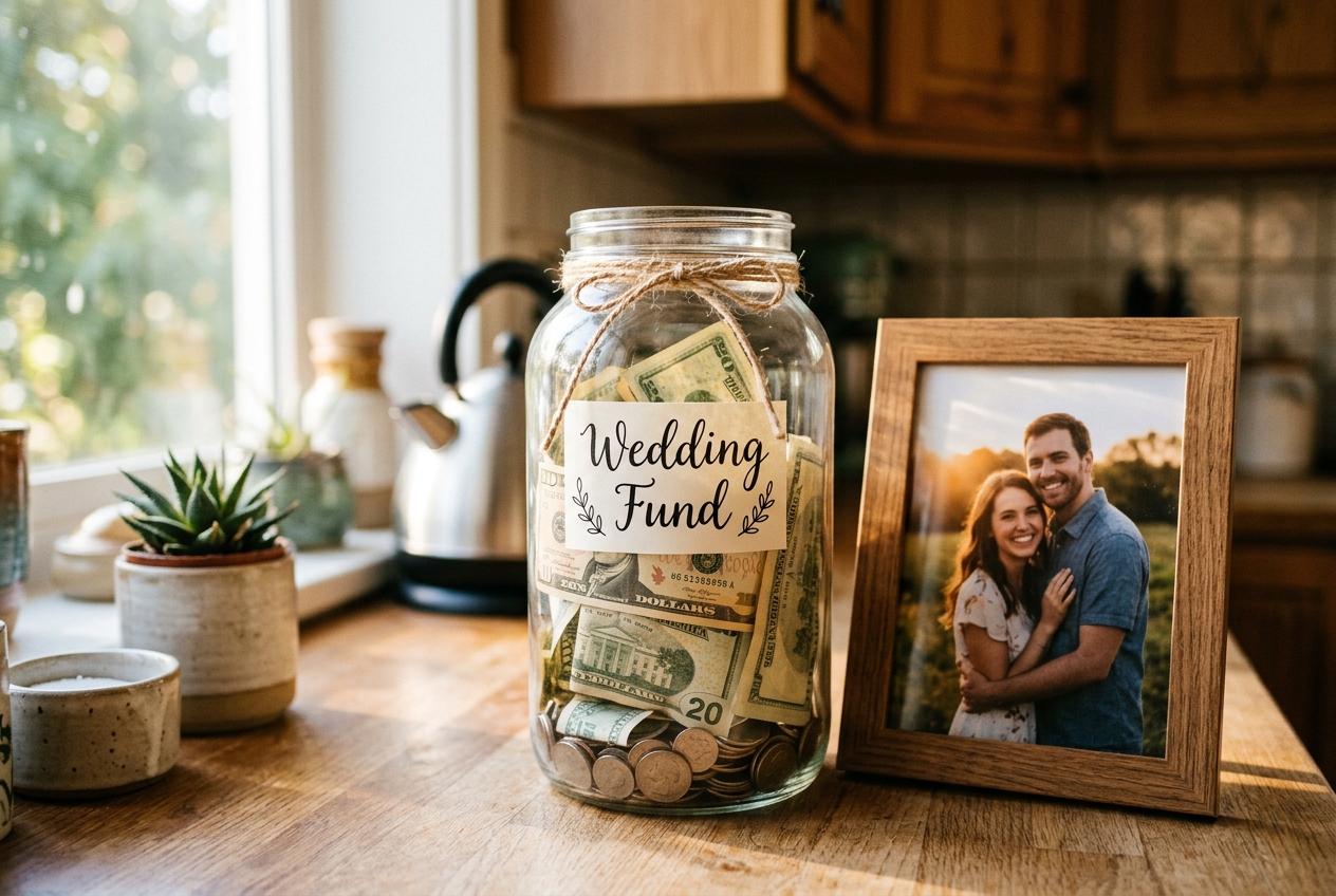 Glass jar labelled 'Wedding Fund' with notes and coins, beside a framed engagement photo
