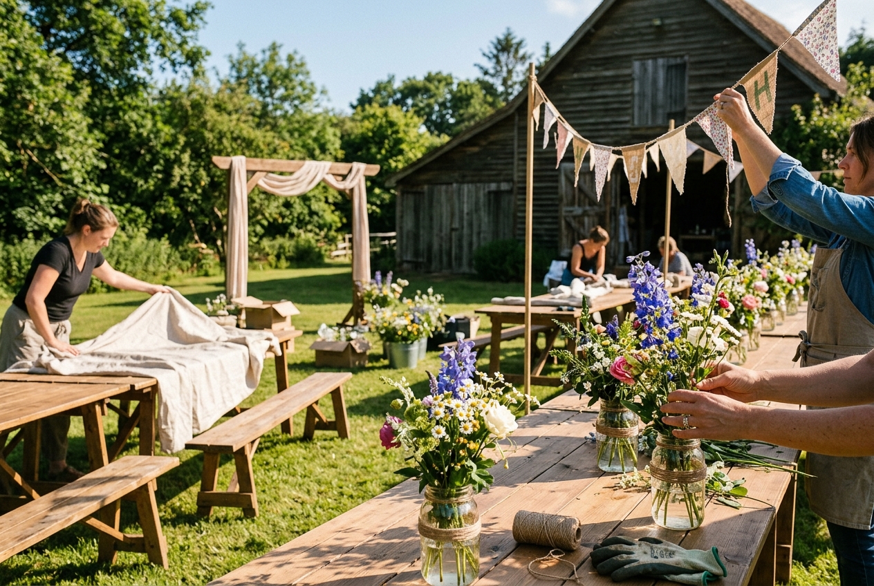 DIY wedding decoration setup — wildflowers in mason jars, bunting, trestle tables being covered