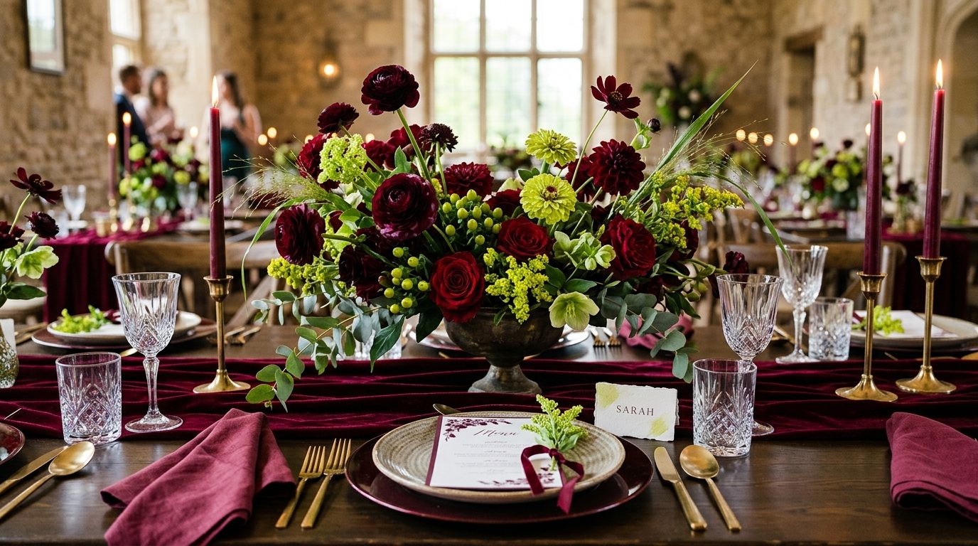 Table styling for Burgundy + Chartreuse: The Boldest 2026 Wedding Palette