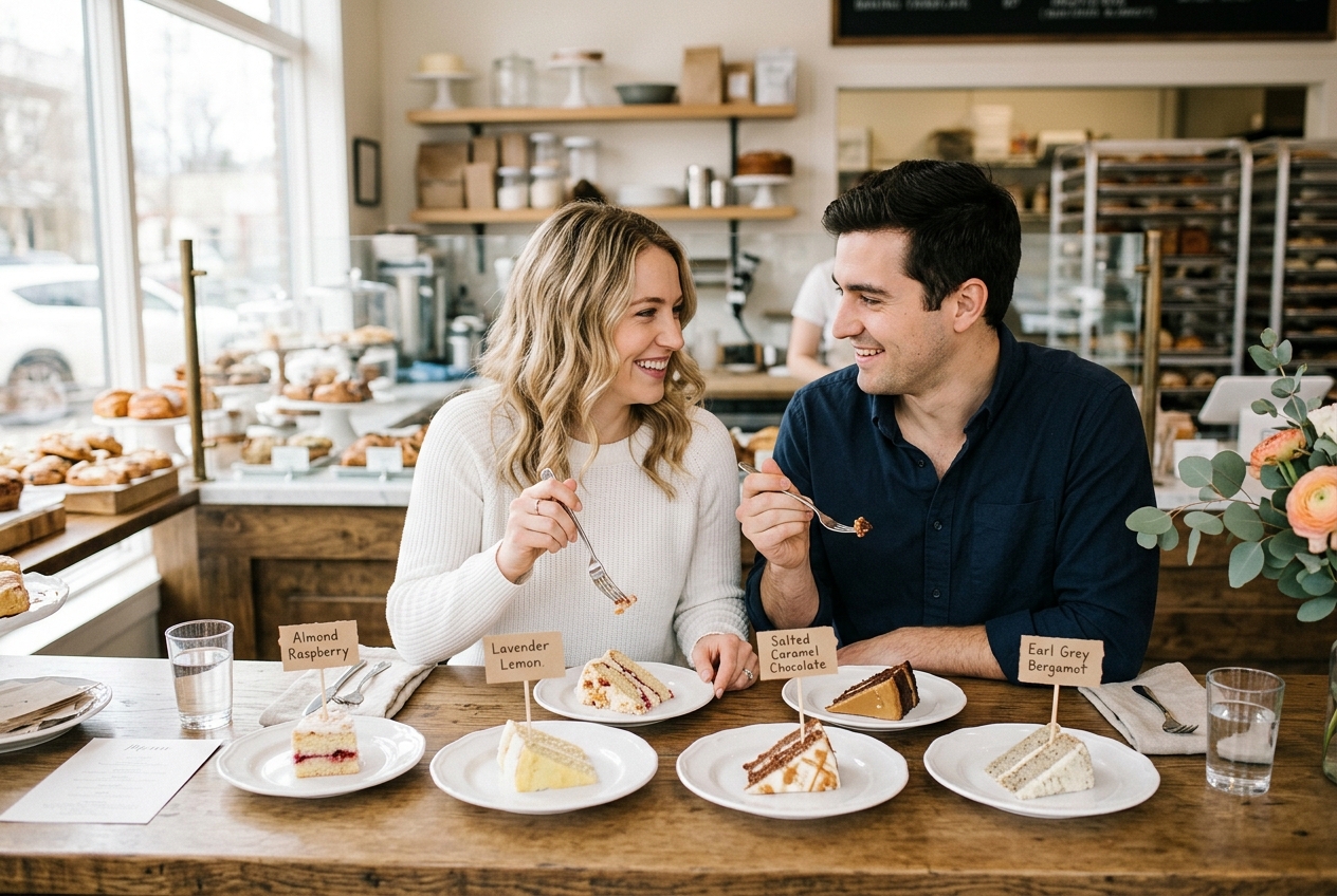 Wedding cake tasting — four small slices of different cakes on white plates, couple tasting