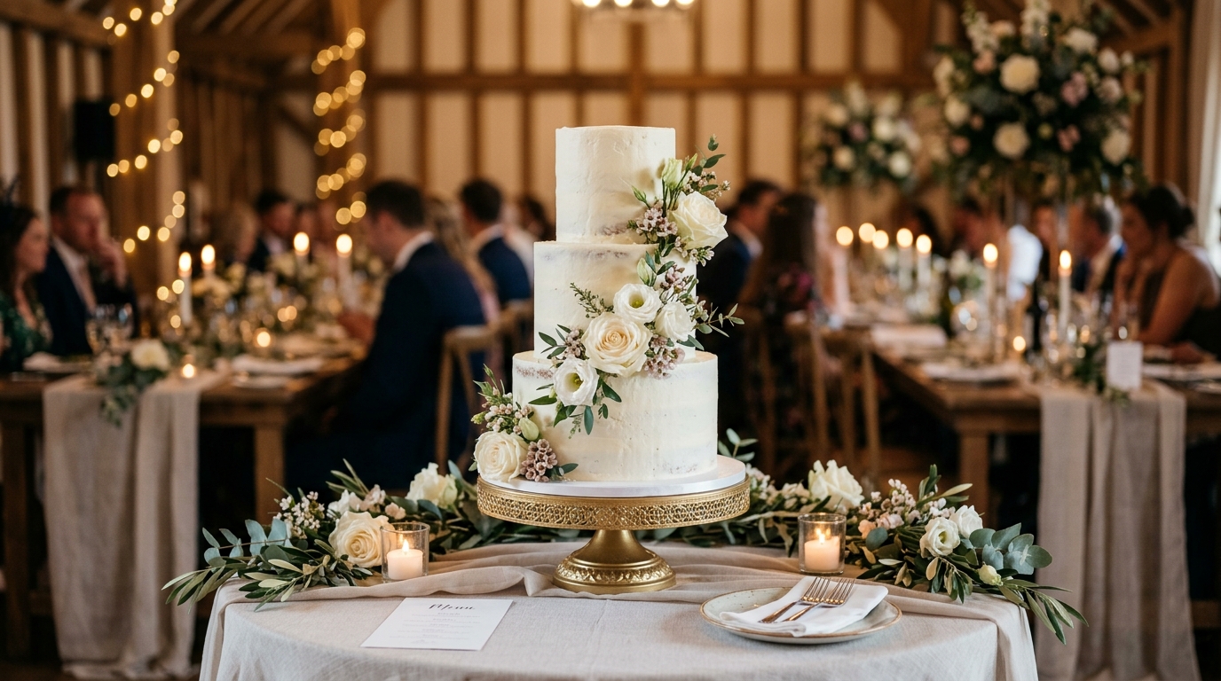 Elegant three-tier white wedding cake with buttercream, fresh flowers and greenery, gold stand