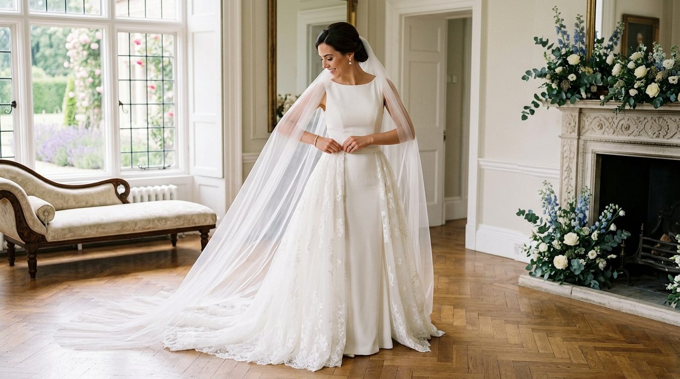 Editorial image for Caped Veils & Detachable Overskirts: UK Bridal Guide