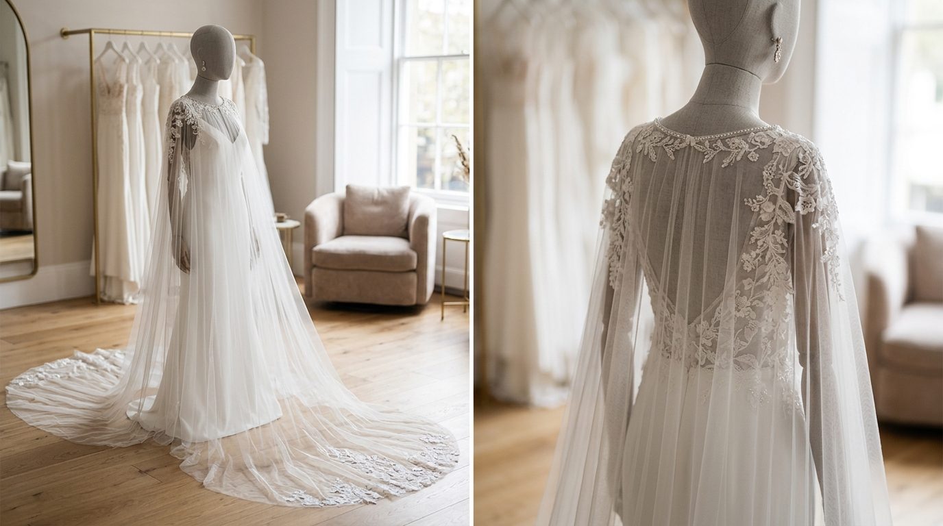 The bridal cape and the 2026 trend context for Caped Veils & Detachable Overskirts: UK Bridal Guide
