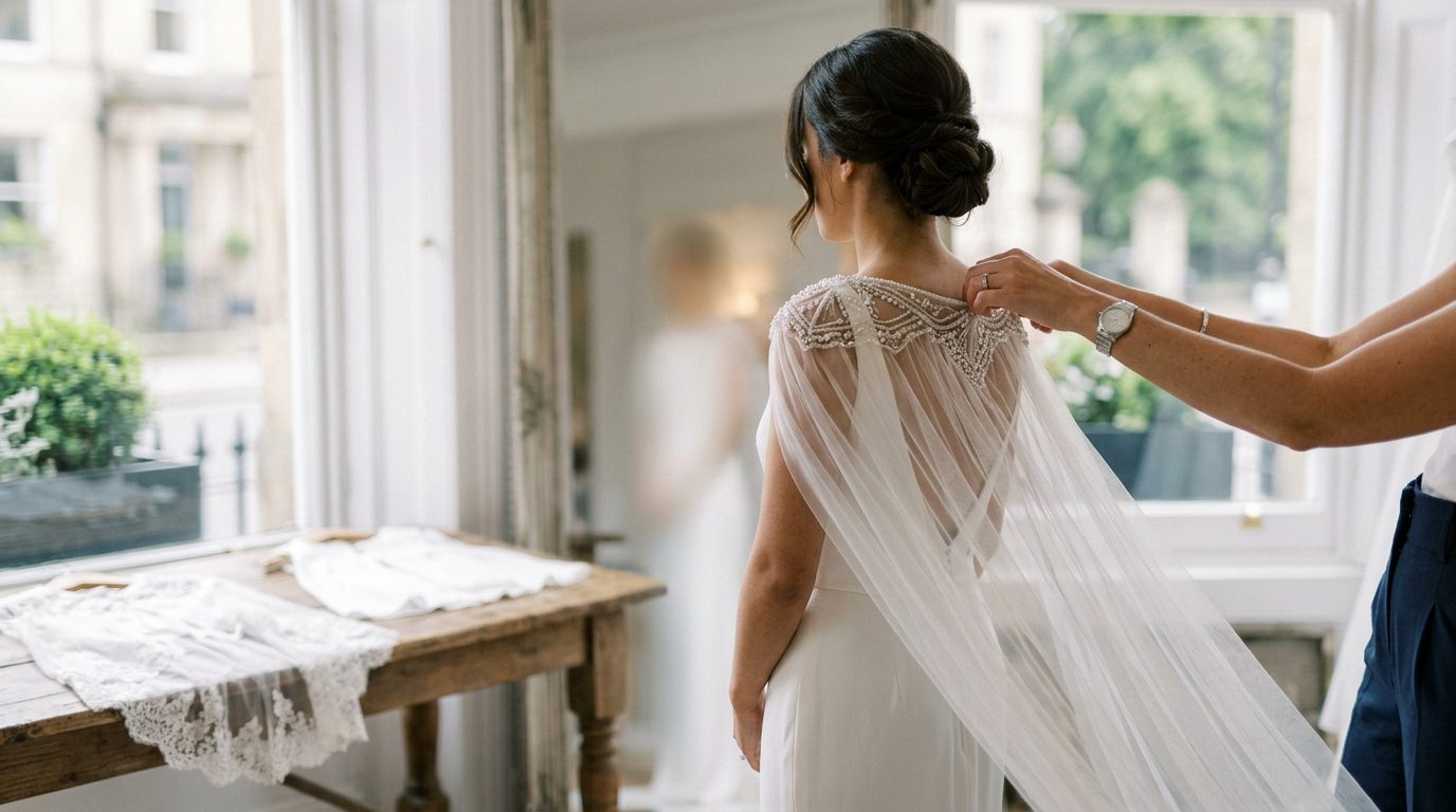 The bridal cape and the 2026 trend context for Caped Veils & Detachable Overskirts: UK Bridal Guide