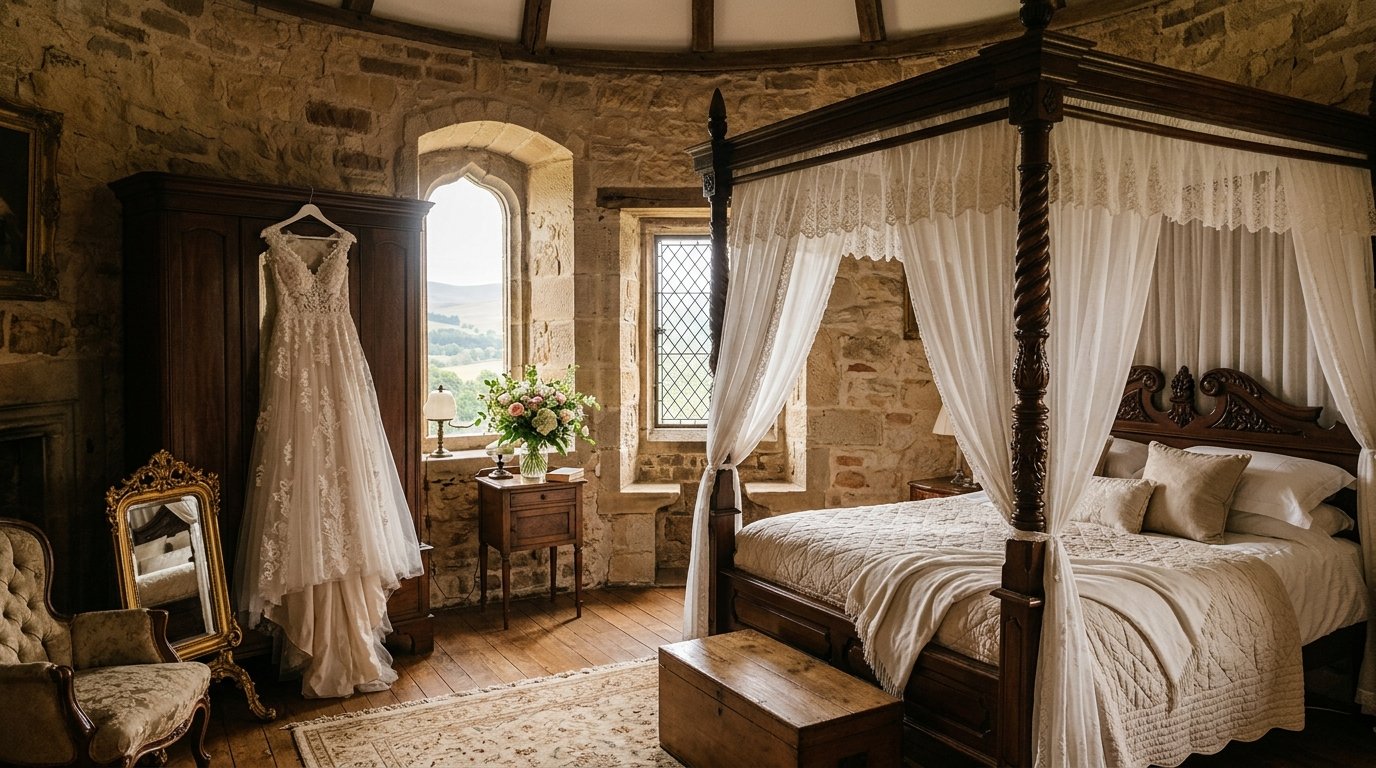 Castle bridal suite with four-poster bed, stone walls, and morning light through a tall window