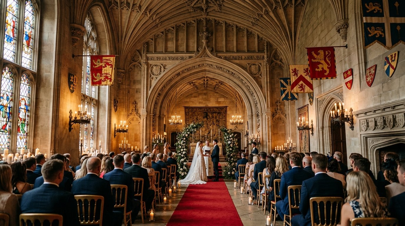 Grand hall wedding ceremony inside a castle with vaulted ceiling, stained glass, and gilded chairs