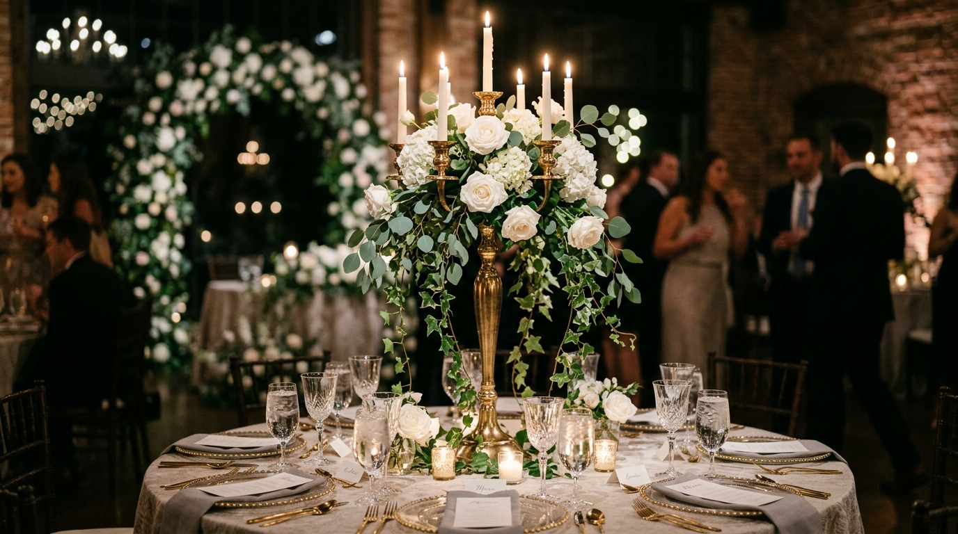 Tall elegant wedding centrepiece — gold candelabra with cascading white roses and trailing ivy