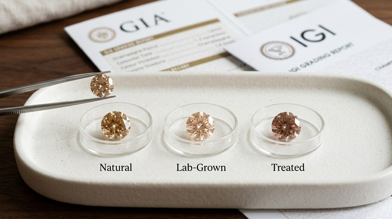 Natural, lab-grown and treated stones for Champagne Diamond Engagement Rings: UK Guide