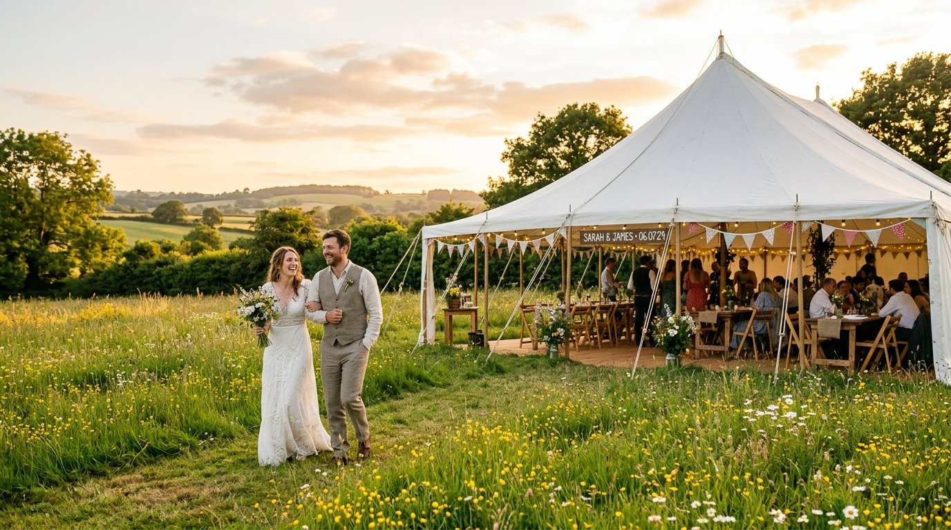 Simple outdoor marquee set up for a budget wedding reception on a garden lawn