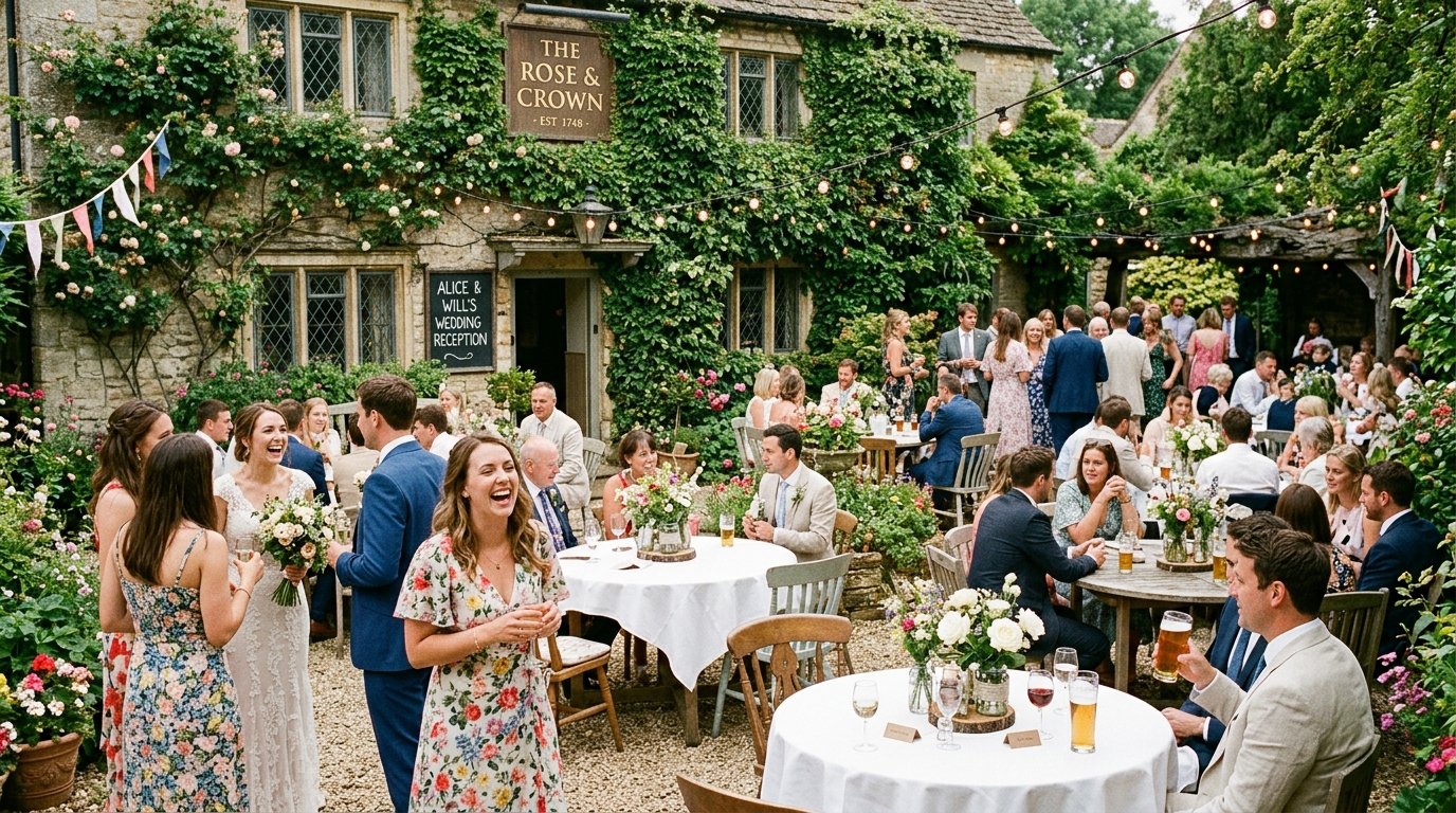 Pub garden wedding reception with guests seated at tables under festoon lights