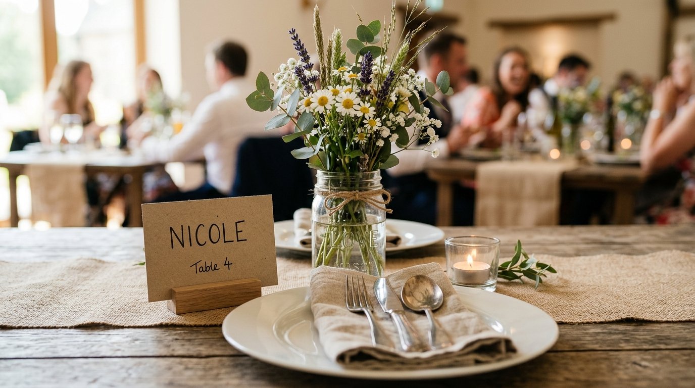 Close-up of a simple but elegant budget table setting with wildflowers in jam jars and handwritten place cards