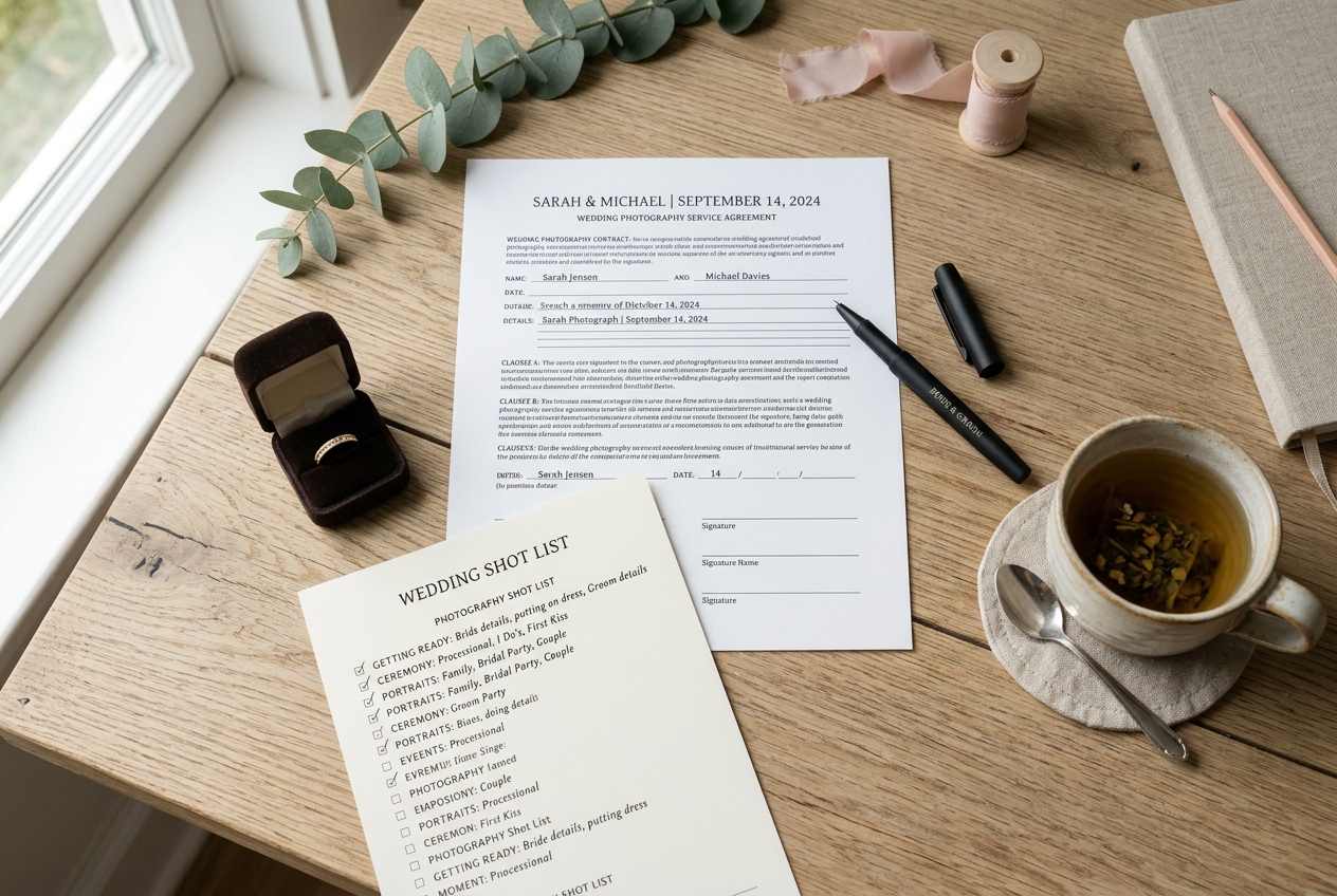 Photography contract on a table with pen, printed shot list, ring, and tea, professional and clean
