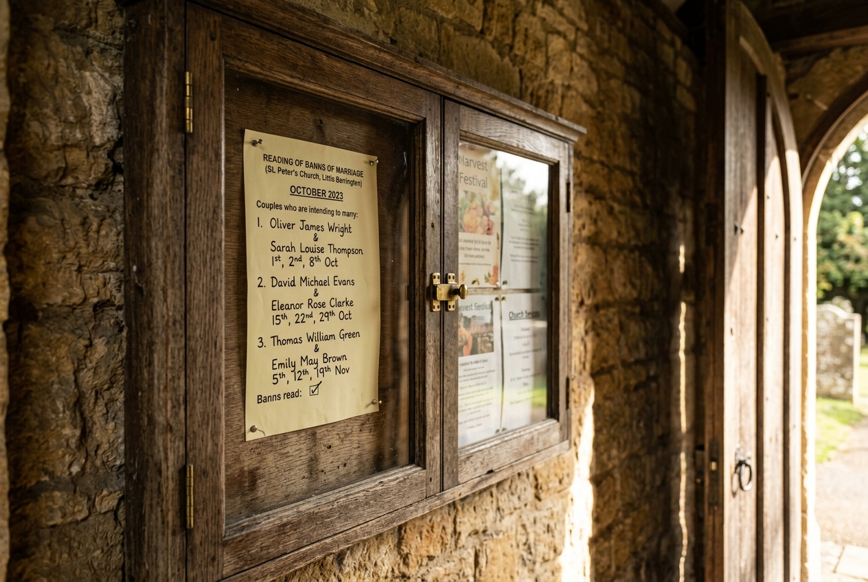 Close-up of a church notice board with banns posted, wooden board in a church porch, sunlight