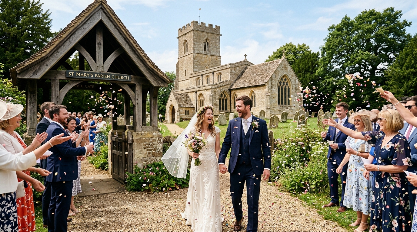 Beautiful English parish church exterior with lych gate, couple leaving, confetti, green churchyard