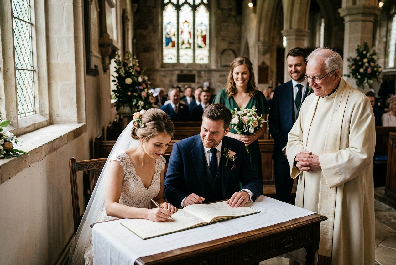 Bride and groom signing the marriage register, vicar watching, witnesses standing, window light