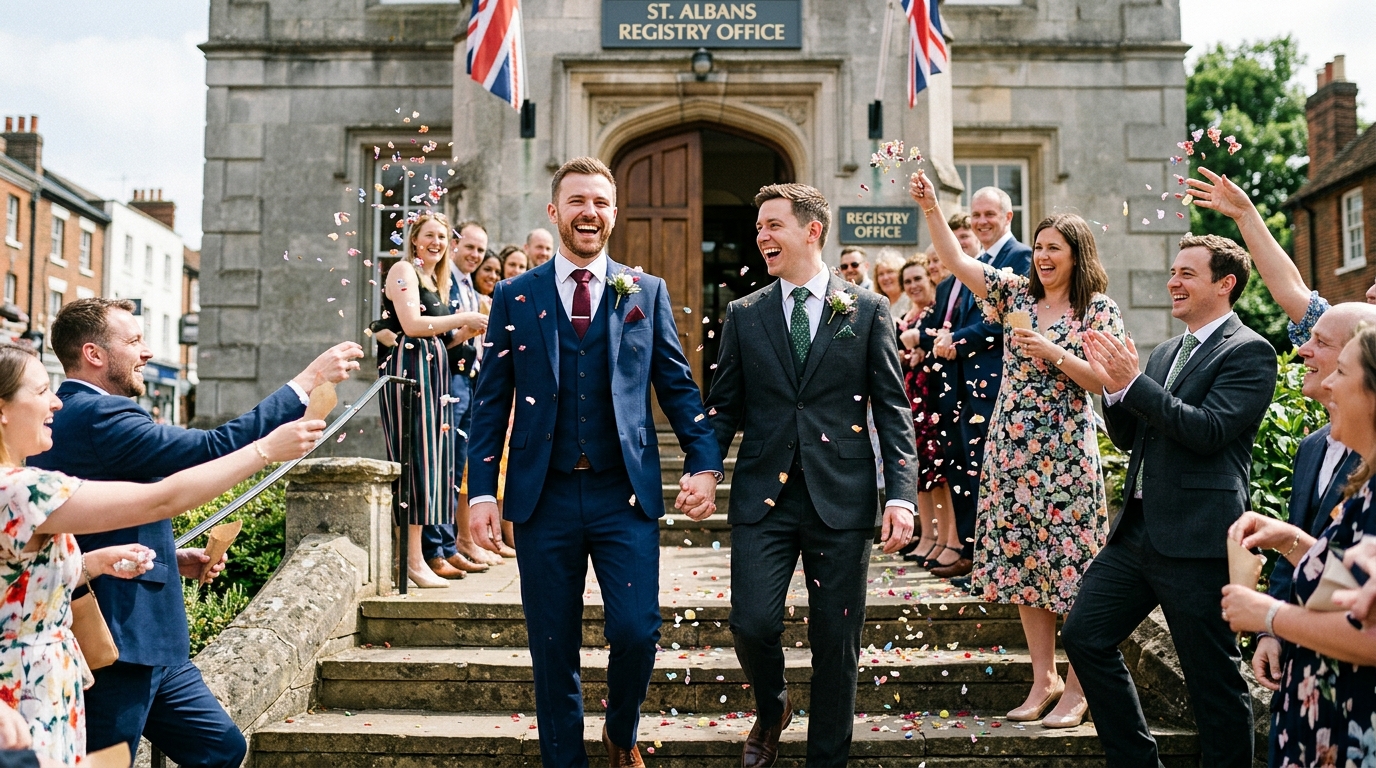 Couple celebrating after their civil partnership ceremony with confetti