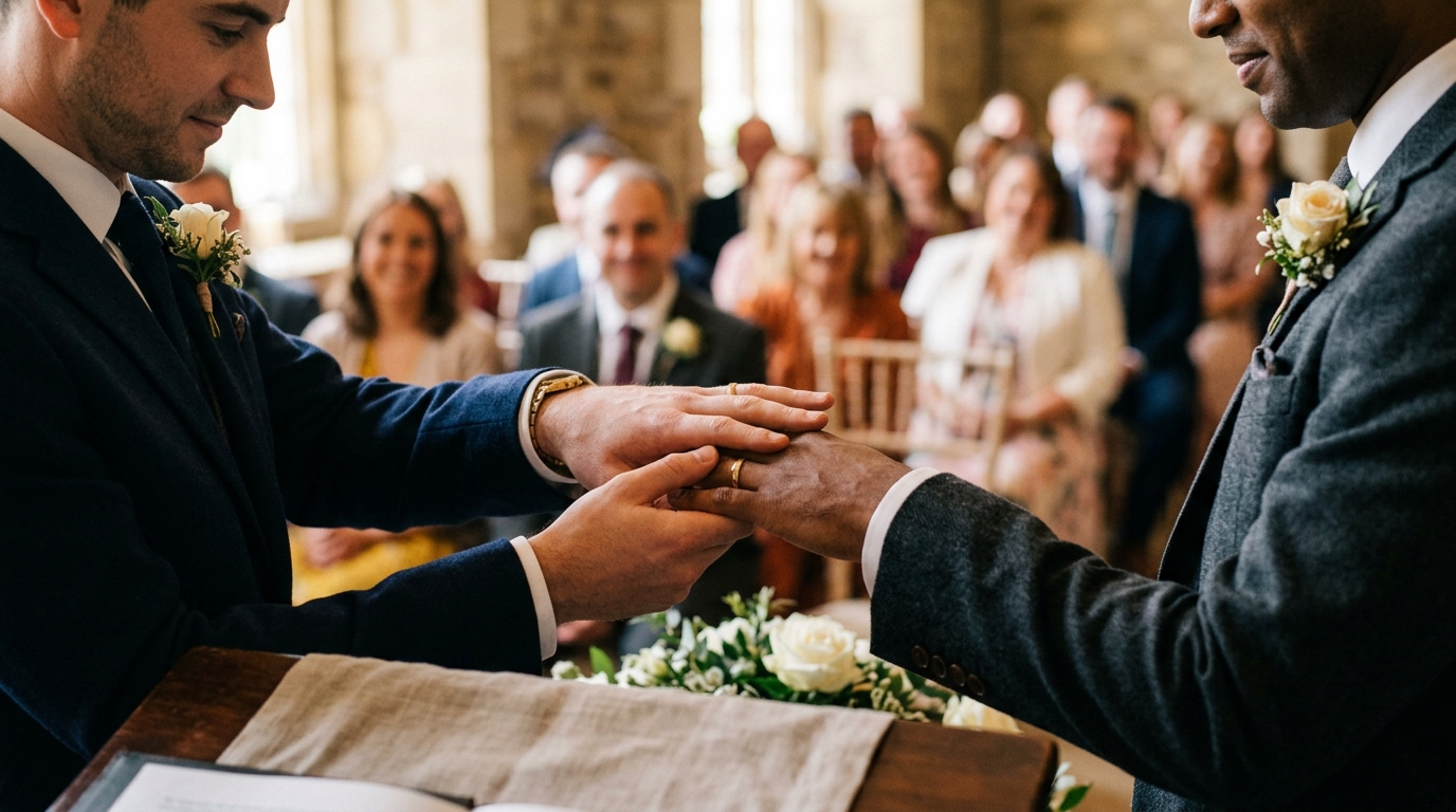 Close-up of rings being exchanged during a civil partnership ceremony