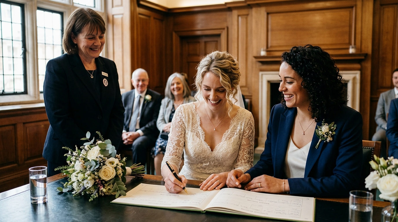 Couple signing the civil partnership register at a UK registry office ceremony